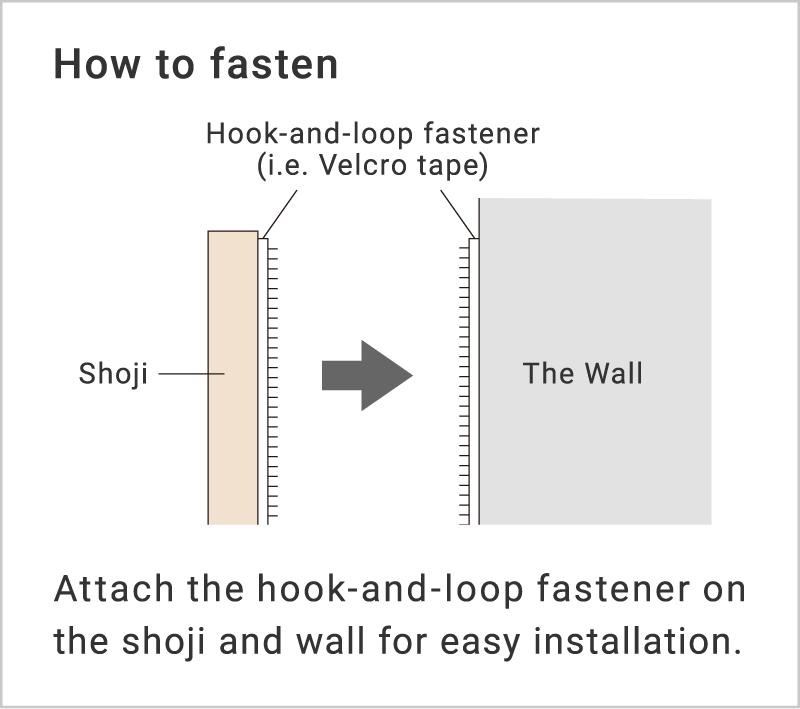 Attach the hook-and-loop fastener on the shoji and wall for easy installation.